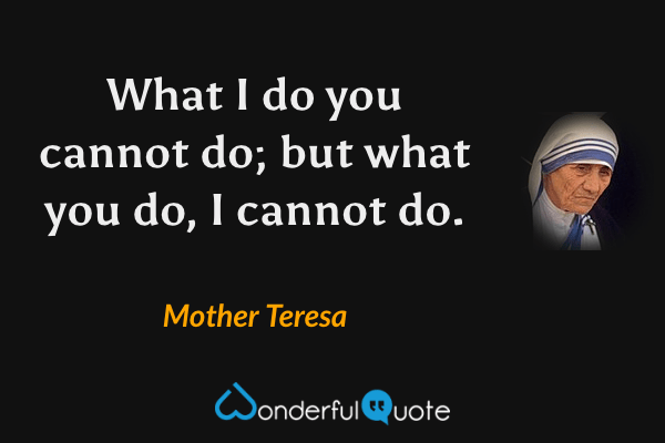 What I do you cannot do; but what you do, I cannot do. - Mother Teresa quote.