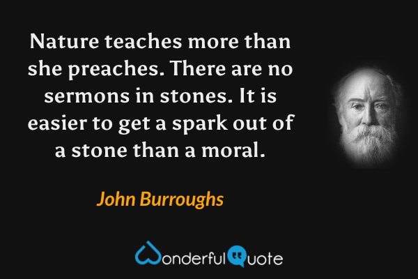Nature teaches more than she preaches. There are no sermons in stones. It is easier to get a spark out of a stone than a moral. - John Burroughs quote.