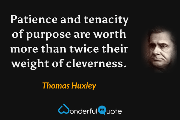 Patience and tenacity of purpose are worth more than twice their weight of cleverness. - Thomas Huxley quote.