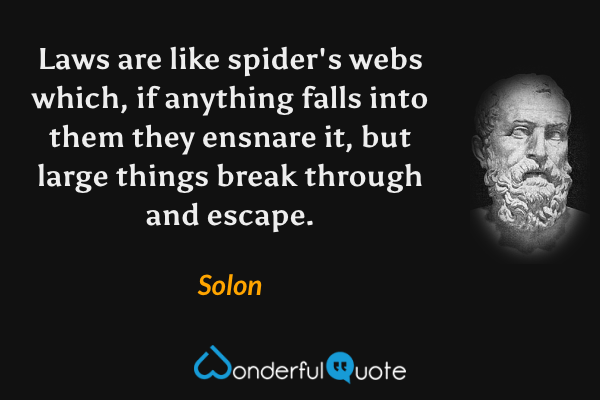 Laws are like spider's webs which, if anything falls into them they ensnare it, but large things break through and escape. - Solon quote.