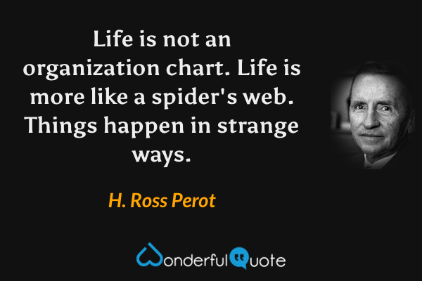 Life is not an organization chart.  Life is more like a spider's web.  Things happen in strange ways. - H. Ross Perot quote.