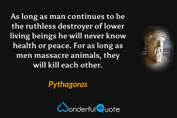 As long as man continues to be the ruthless destroyer of lower living beings he will never know health or peace. For as long as men massacre animals, they will kill each other. - Pythagoras quote.