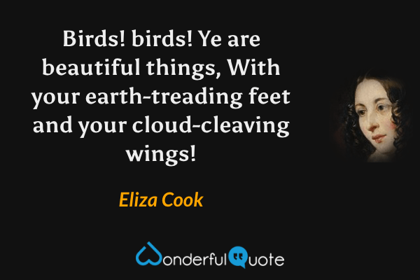 Birds!  birds!  Ye are beautiful things,
With your earth-treading feet and your cloud-cleaving wings! - Eliza Cook quote.