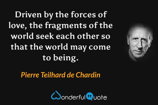 Driven by the forces of love, the fragments of the world seek each other so that the world may come to being. - Pierre Teilhard de Chardin quote.