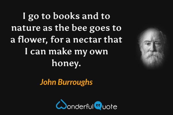 I go to books and to nature as the bee goes to a flower, for a nectar that I can make my own honey. - John Burroughs quote.