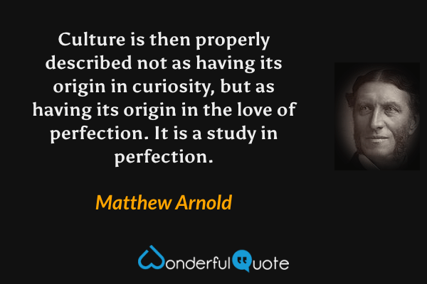 Culture is then properly described not as having its origin in curiosity, but as having its origin in the love of perfection.  It is a study in perfection. - Matthew Arnold quote.
