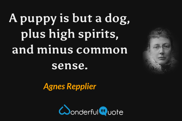A puppy is but a dog, plus high spirits, and minus common sense. - Agnes Repplier quote.