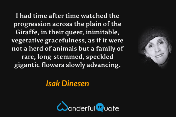 I had time after time watched the progression across the plain of the Giraffe, in their queer, inimitable, vegetative gracefulness, as if it were not a herd of animals but a family of rare, long-stemmed, speckled gigantic flowers slowly advancing. - Isak Dinesen quote.