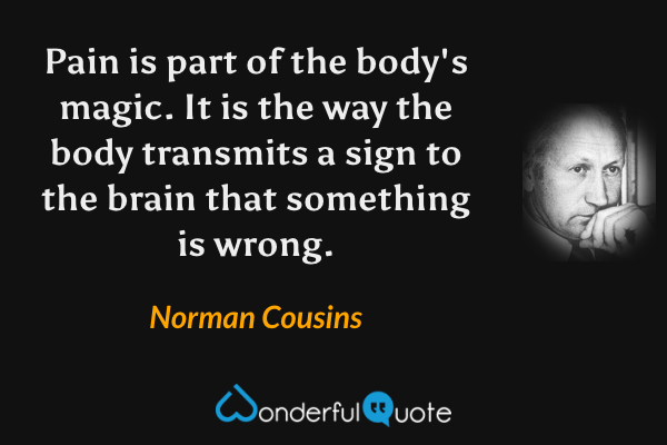 Pain is part of the body's magic.  It is the way the body transmits a sign to the brain that something is wrong. - Norman Cousins quote.