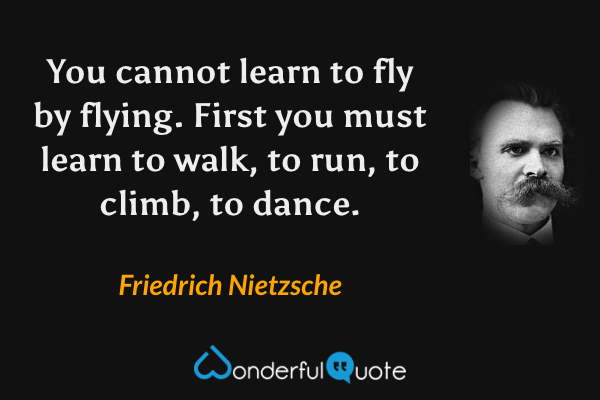 You cannot learn to fly by flying. First you must learn to walk, to run, to climb, to dance. - Friedrich Nietzsche quote.