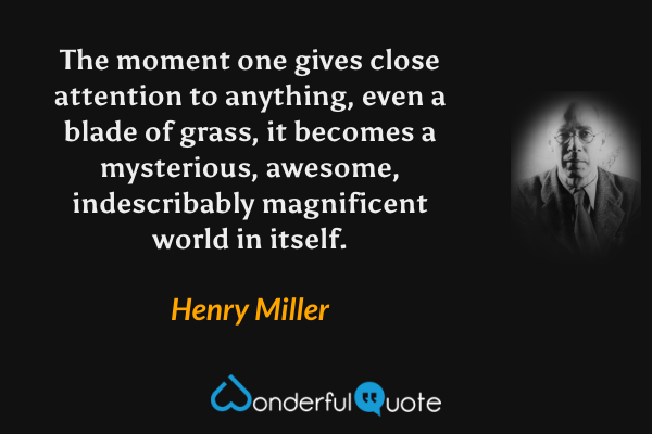 The moment one gives close attention to anything, even a blade of grass, it becomes a mysterious, awesome, indescribably magnificent world in itself. - Henry Miller quote.