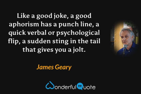 Like a good joke, a good aphorism has a punch line, a quick verbal or psychological flip, a sudden sting in the tail that gives you a jolt. - James Geary quote.