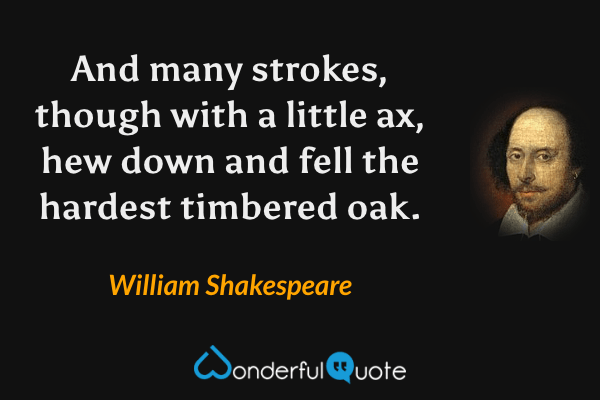 And many strokes, though with a little ax, hew down and fell the hardest timbered oak. - William Shakespeare quote.