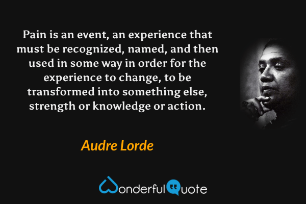Pain is an event, an experience that must be recognized, named, and then used in some way in order for the experience to change, to be transformed into something else, strength or knowledge or action. - Audre Lorde quote.