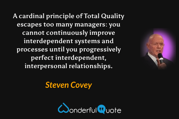 A cardinal principle of Total Quality escapes too many managers: you cannot continuously improve interdependent systems and processes until you progressively perfect interdependent, interpersonal relationships. - Steven Covey quote.