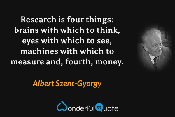 Research is four things: brains with which to think, eyes with which to see, machines with which to measure and, fourth, money. - Albert Szent-Gyorgy quote.